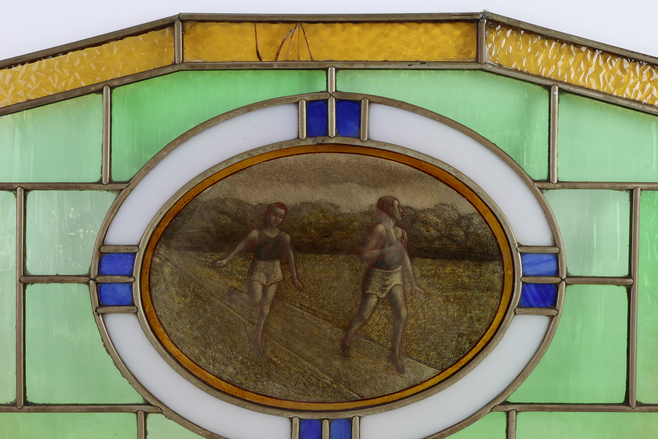 Art Deco Stained Glass Panel Depicting Runners in Motion, Belgium ca. 1910thumbnail